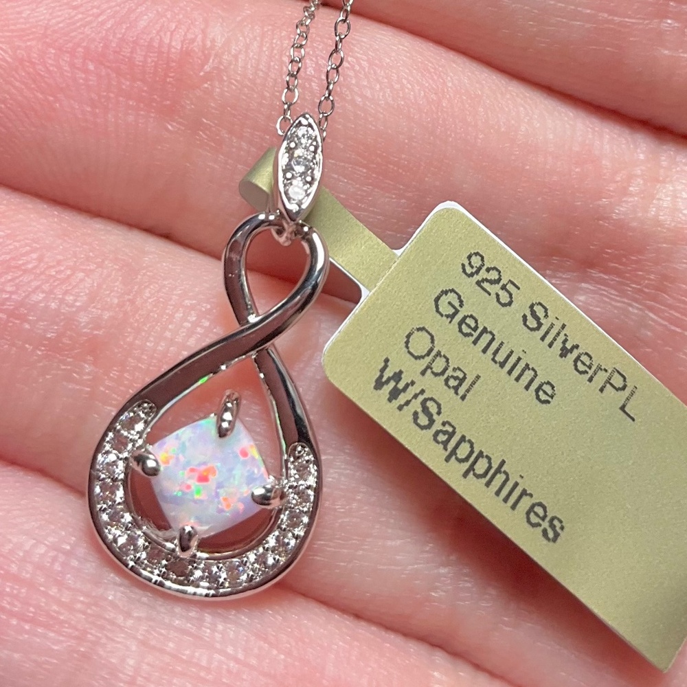 Opal and White Sapphire Pendant Necklace Sterling Silver Pendant Fire Opal
